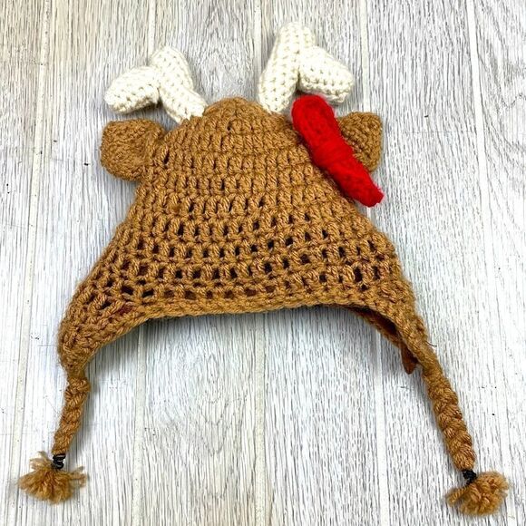 Handmade Crochet Reindeer Beanie w/ bow.  Fleece lined.  0-24 mos. approx - Picture 1 of 4